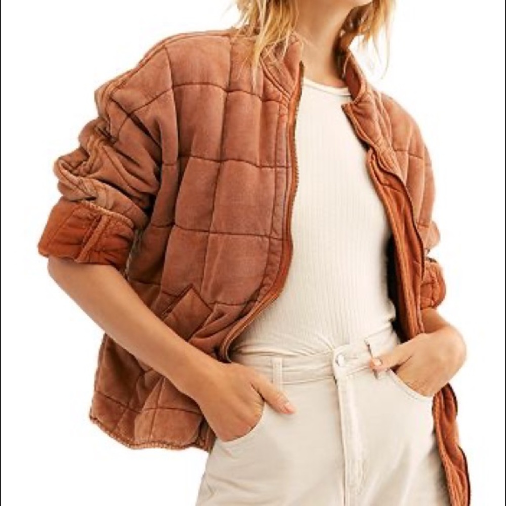 Free People Brown Puffer Jacket with Quilted Design